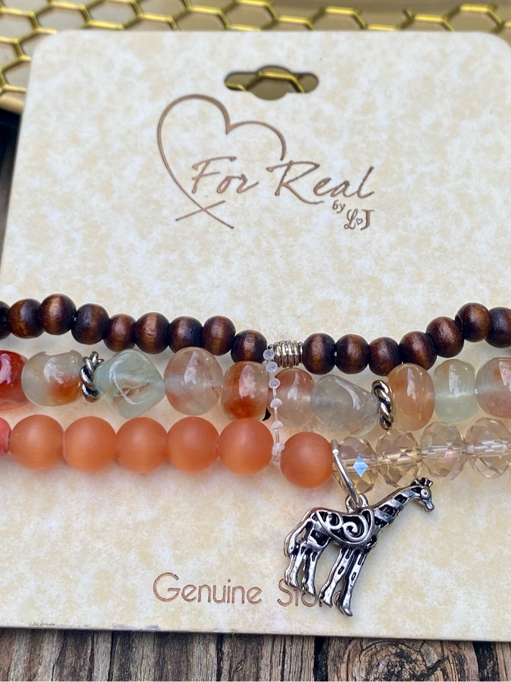 For Real Multi-Strand Orange & Brown Beaded Bracelet Set with Giraffe Charm